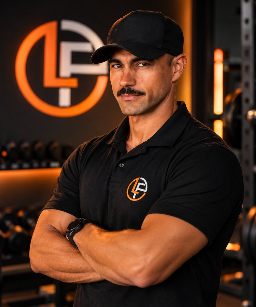 Léo Firmino, personal trainer, de braços cruzados na academia